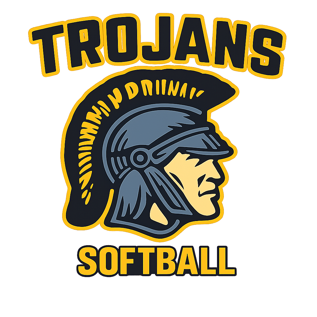 Gold Trojans basketball logo with basketball and motion lines on a black background.