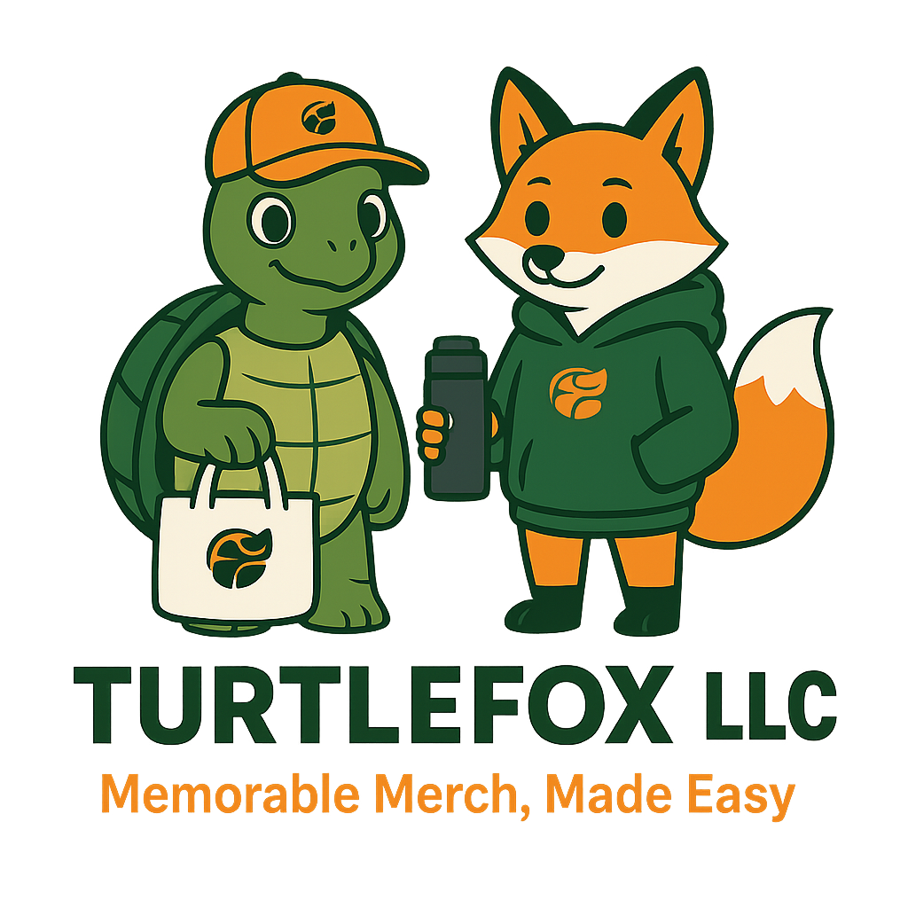 Cartoon turtle and fox with logo, text: Turtlefox LLC, Memorable Merch, Made Easy.