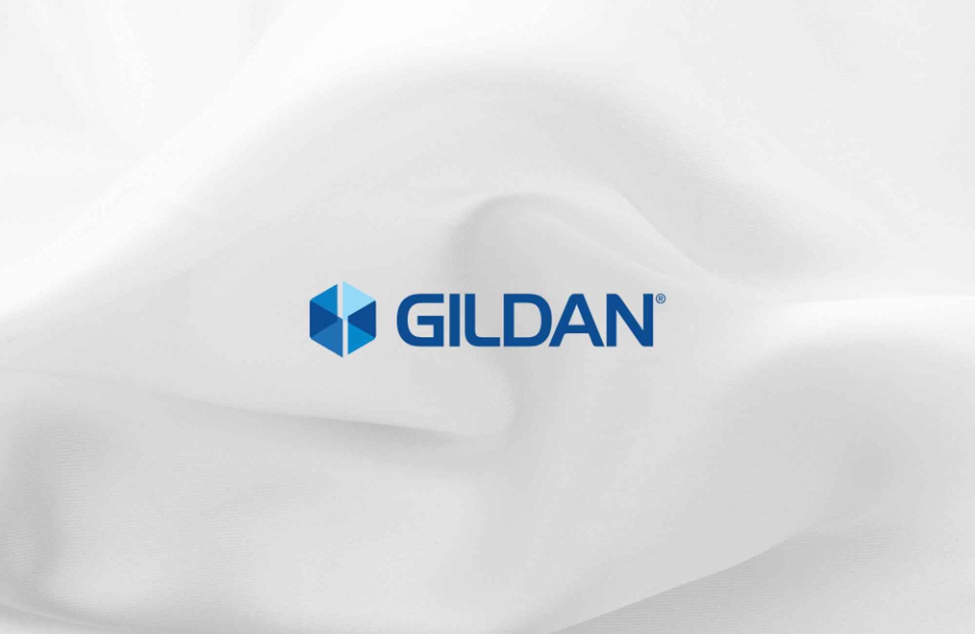 Gildan logo on a flowing white background. The logo features a blue cube and the brand name in blue.