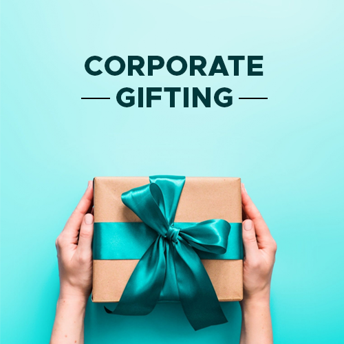 Hands holding a wrapped gift with a teal ribbon. Text: Corporate Gifting.