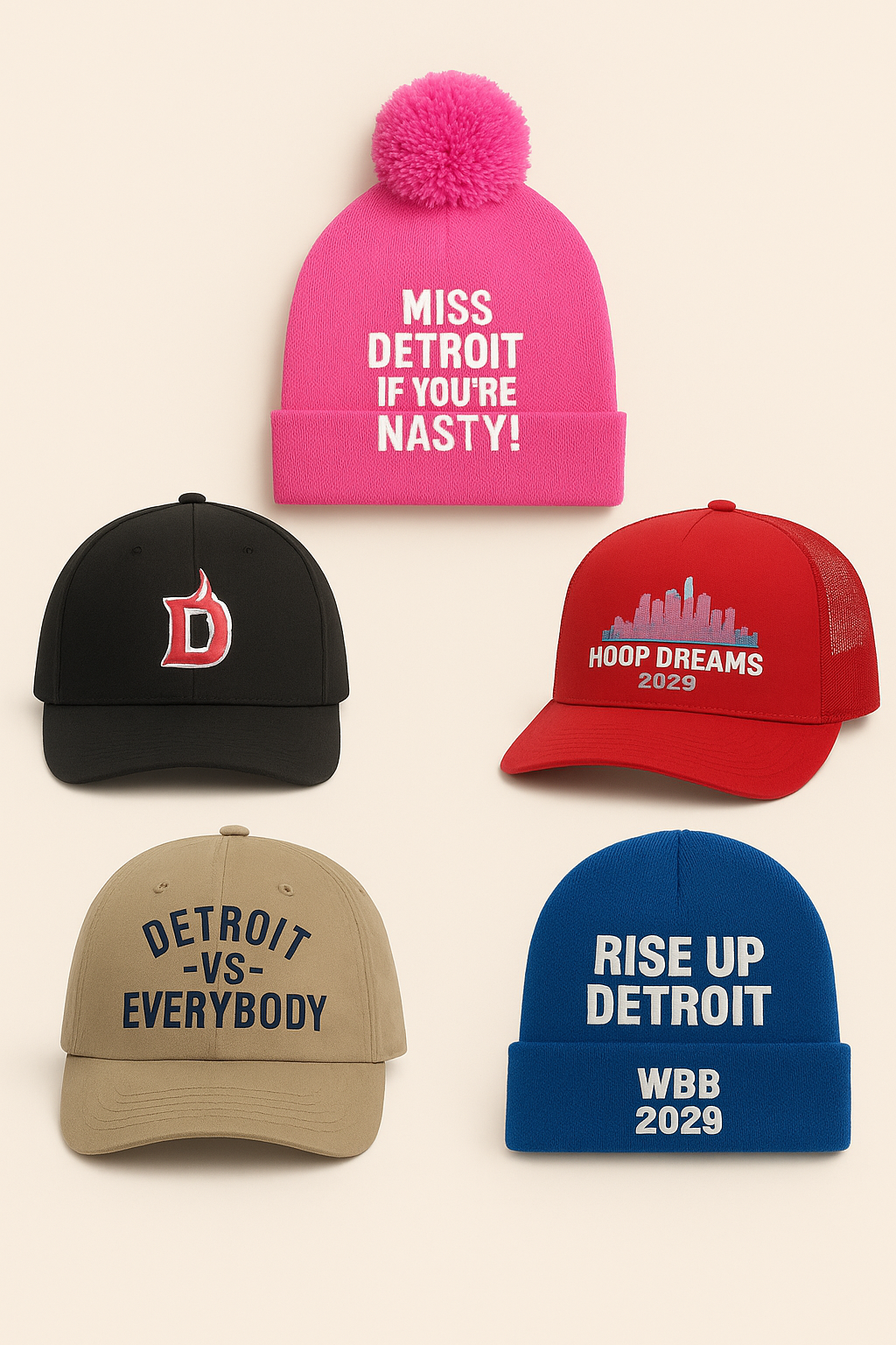Five Detroit-themed hats in black, tan, red, pink, and blue with various slogans and designs.