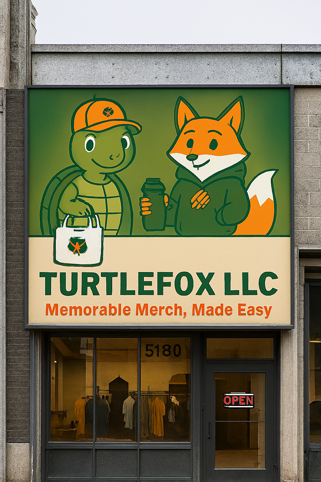 Sign for Turtlefox LLC, featuring a turtle with a bag and fox with a coffee, above a shop front at 5180.