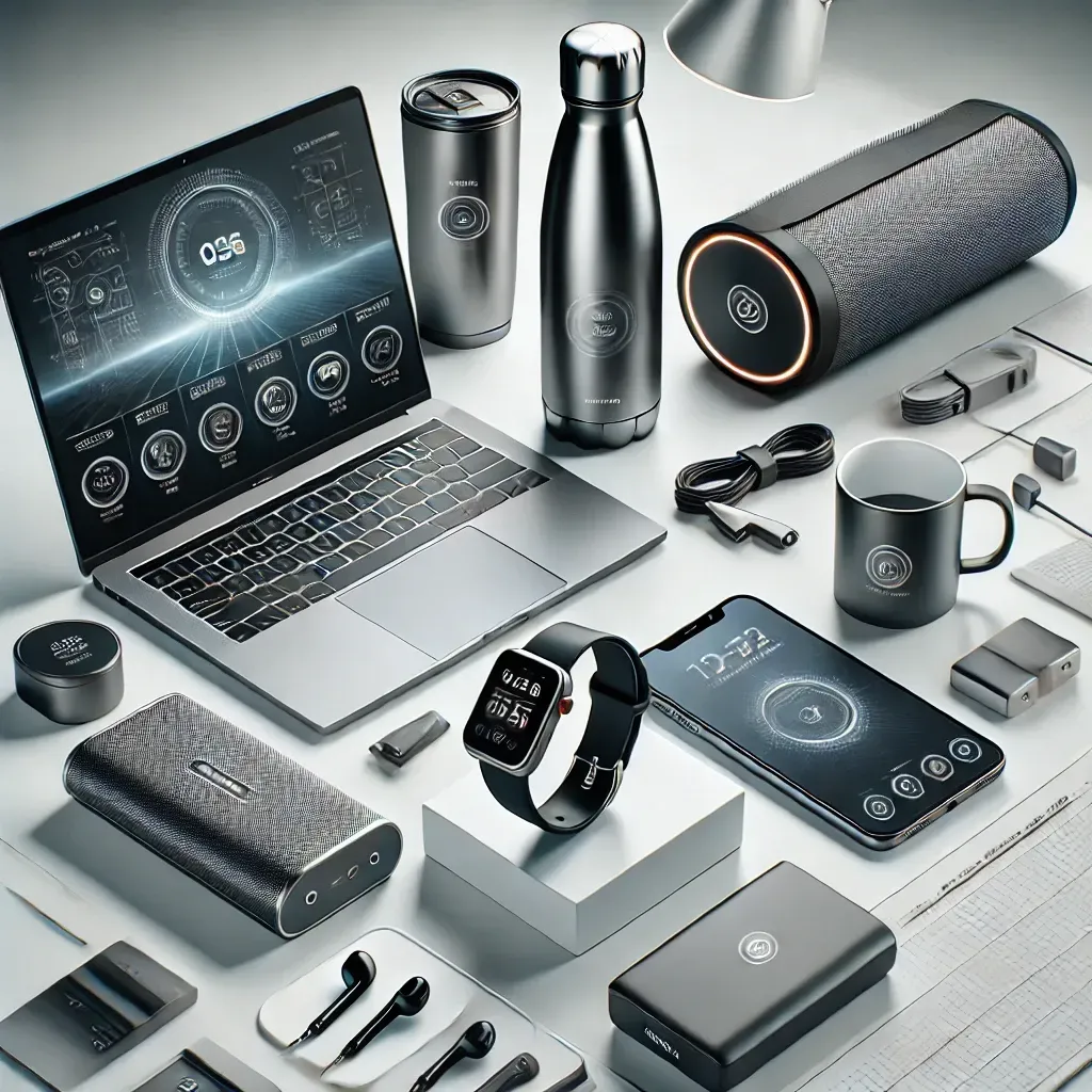 gadgets in various metallic finishes: laptop, phone, watch, speaker, headphones, and accessories on a white surface.