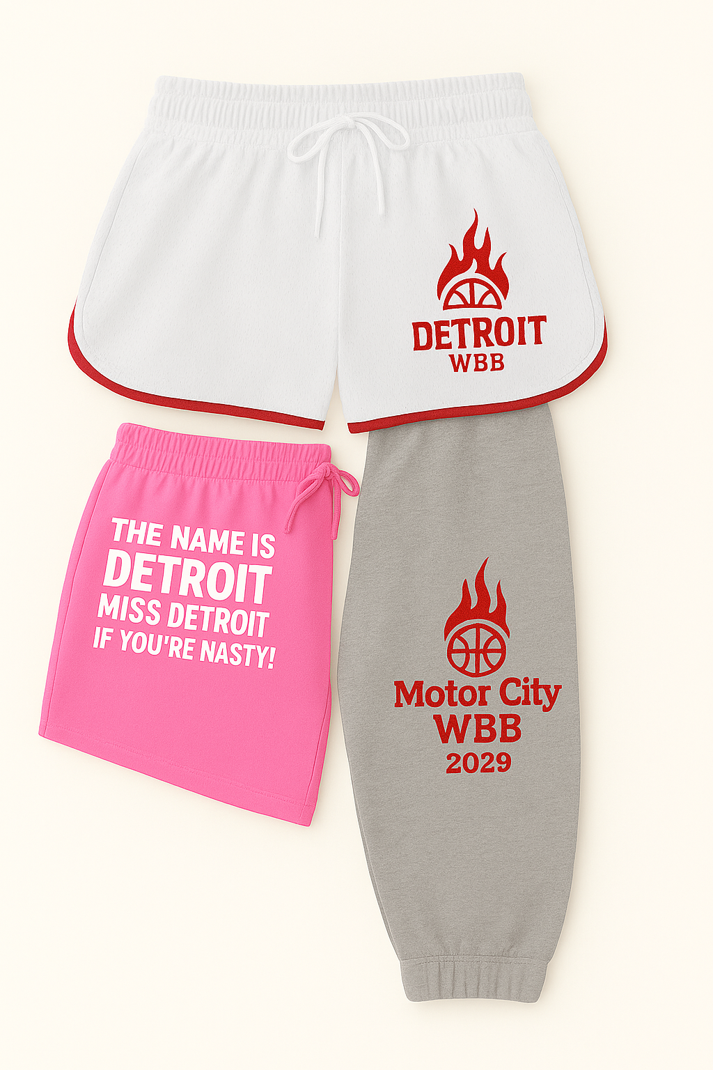 Four items of clothing: white shorts, pink bag, gray pants. All with Detroit/basketball branding.