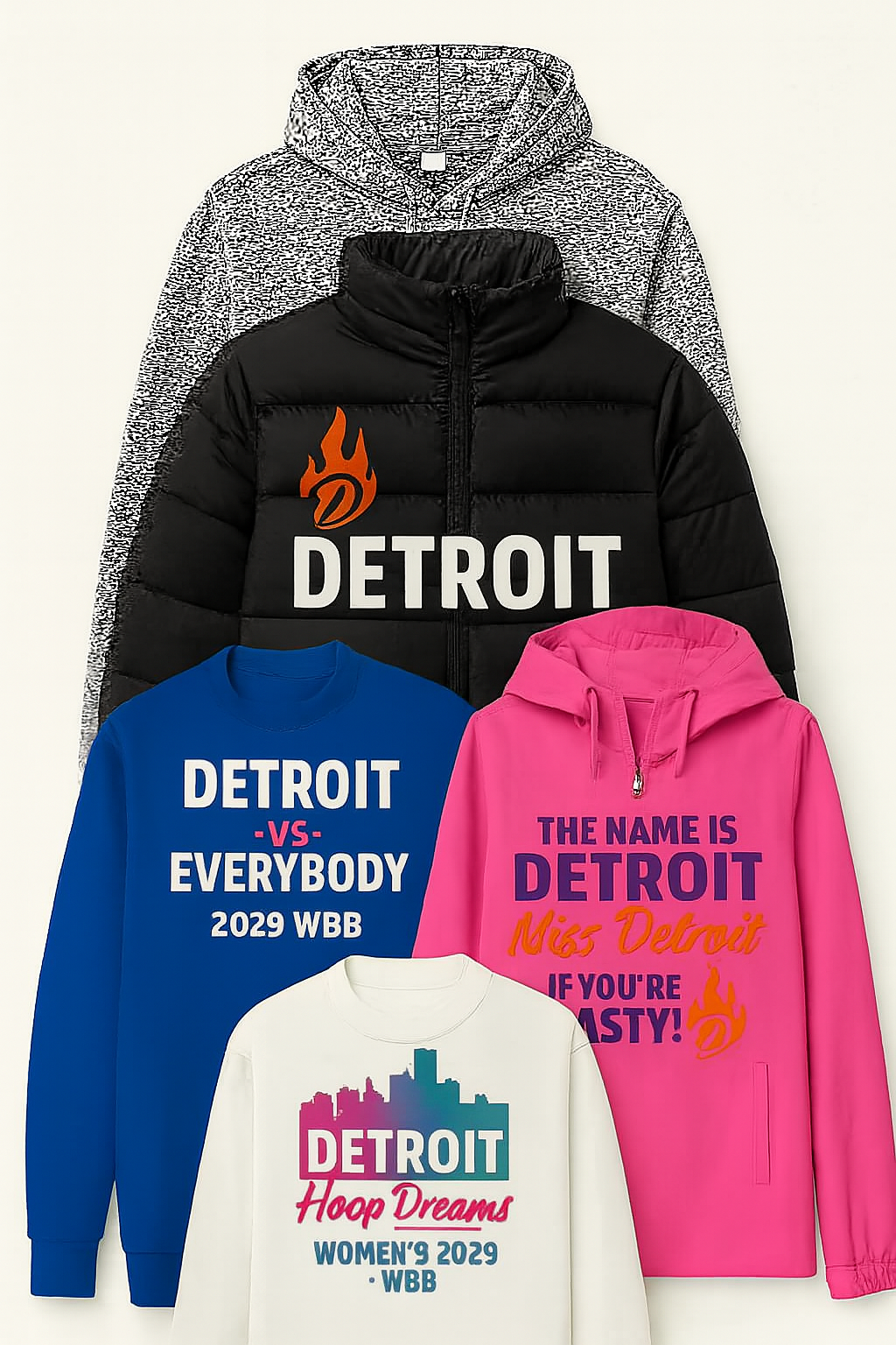 Collection of Detroit-themed apparel: jackets, sweatshirts, and hoodies, with text and a skyline.