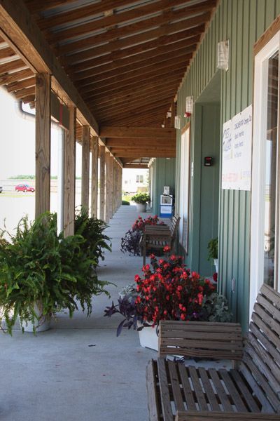 Covered porch with ferns, red flowers, benches, and a green building.