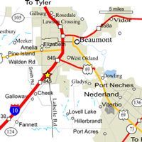 Map of Southeast Texas, showing Beaumont, Port Neches, Nederland, and highways.
