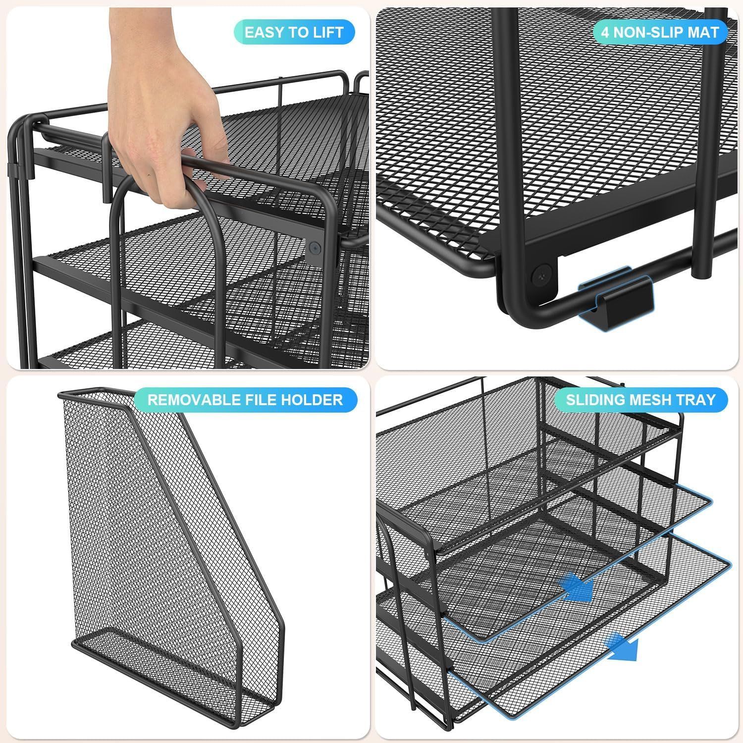 Black mesh desk organizer with three tiered trays for papers and a side compartment for pens, dimensions labeled.