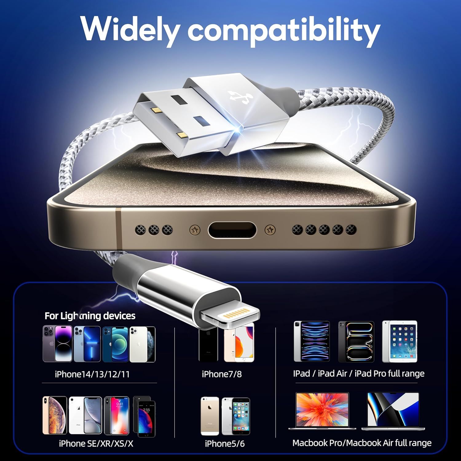 Braided USB to Lightning cables in red, blue, and silver, with matching USB and Lightning connector colors.