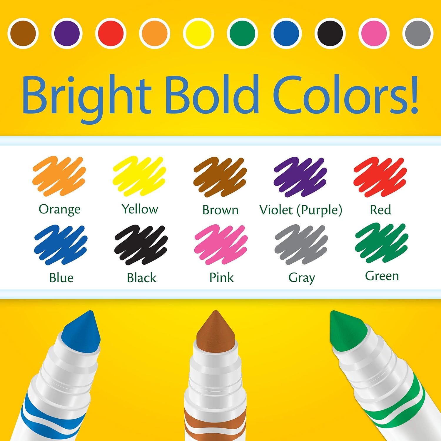 Box of 10 Crayola Classic Colors markers, with the markers spread out in front.