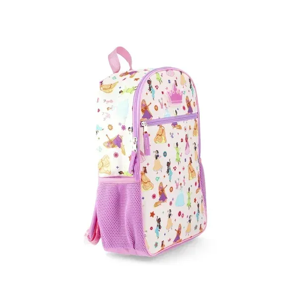 White backpack with princess pattern and pink accents.