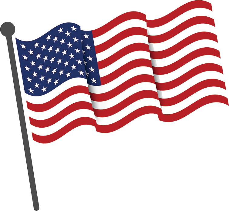 American flag waving on a pole; blue field with white stars, red and white stripes.