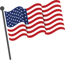 American flag waving on a pole; blue field with white stars, red and white stripes.