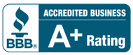 BBB Accredited Business logo with an A+ rating. It features a blue torch and text on a white and teal background.