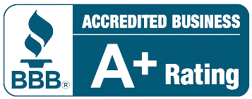 BBB Accredited Business logo with an A+ rating. It features a blue torch and text on a white and teal background.