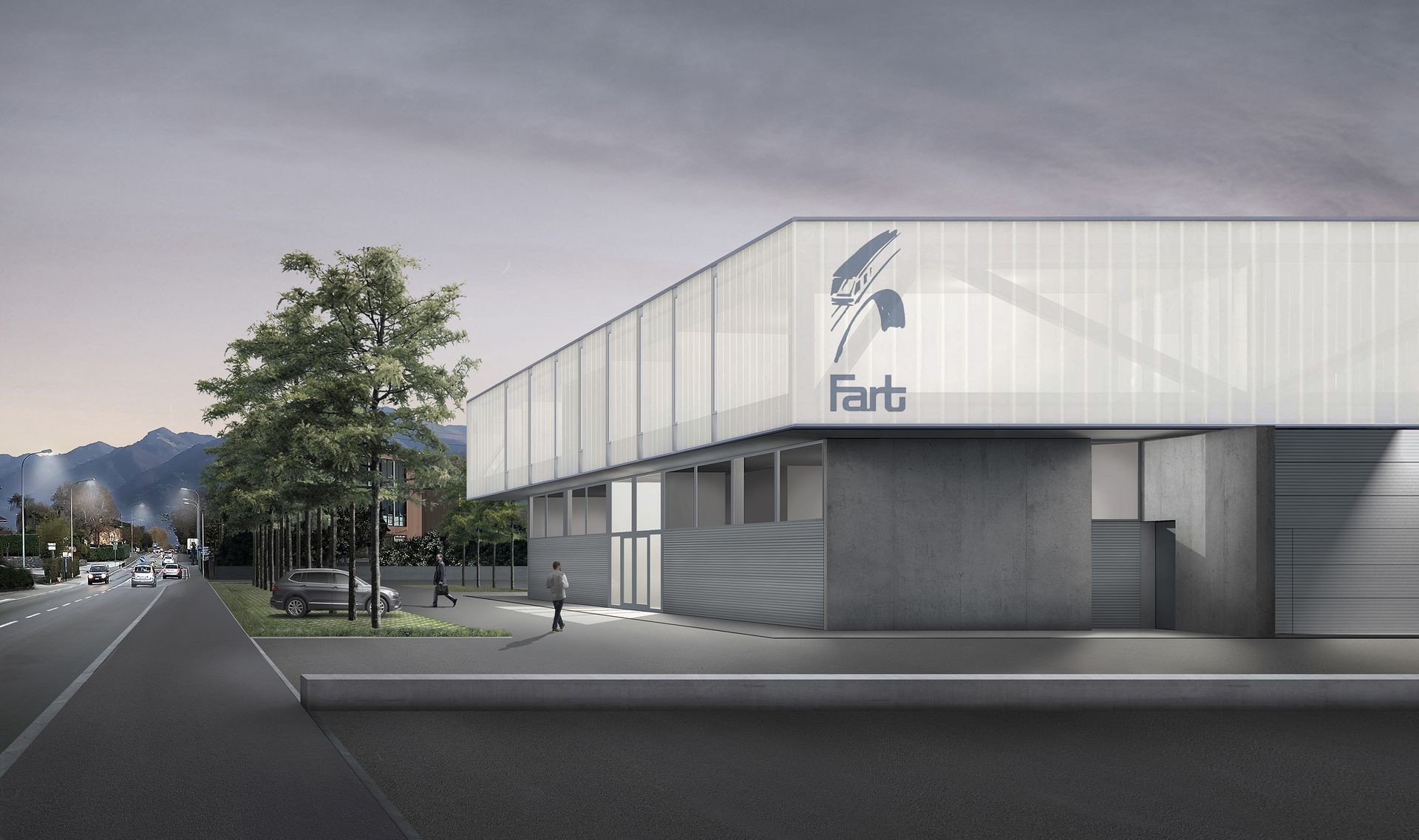 Moderno edificio industriale con il logo 