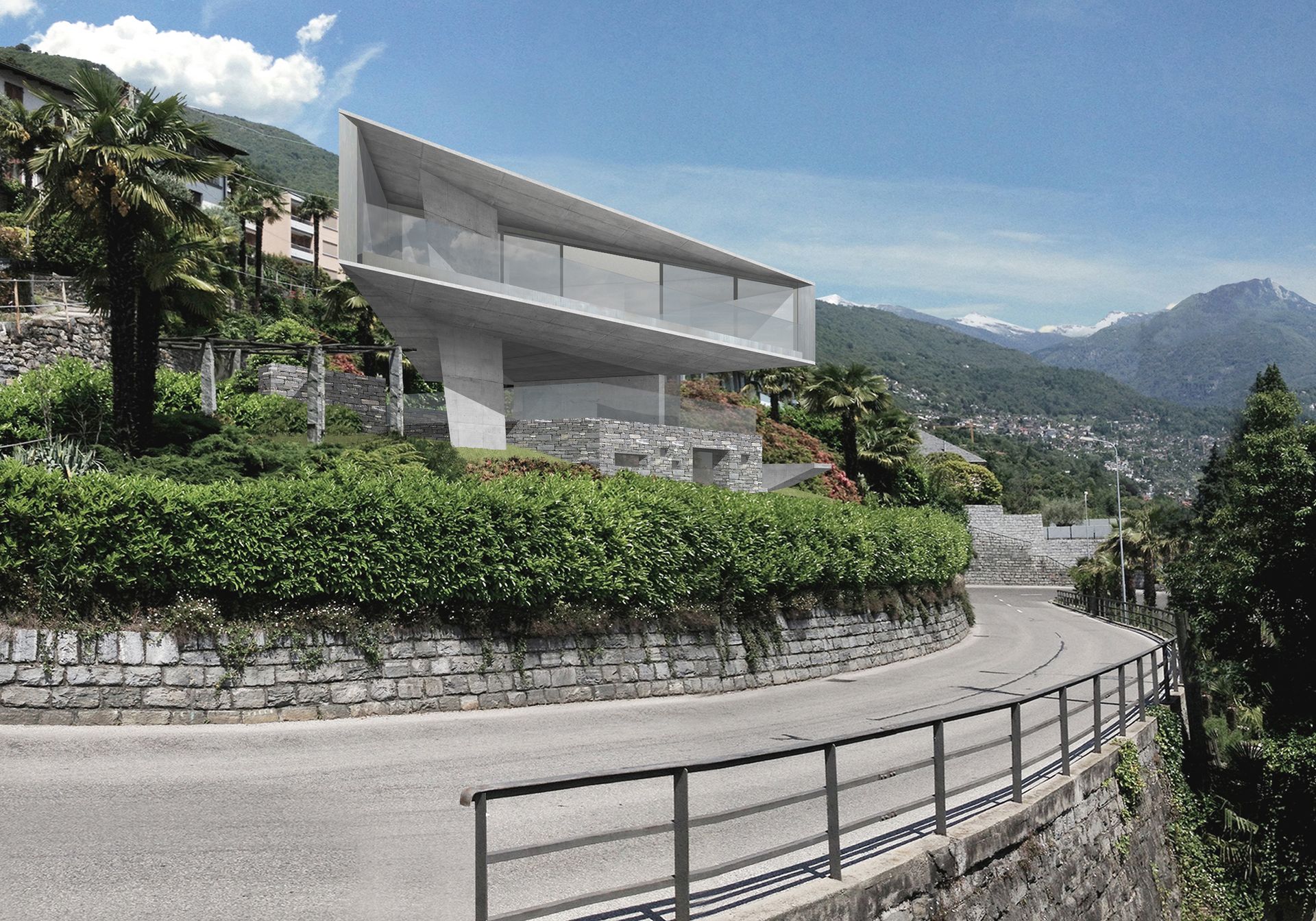 Moderna casa bianca a sbalzo su un muro di pietra e una strada, montagne sullo sfondo, giornata di sole.