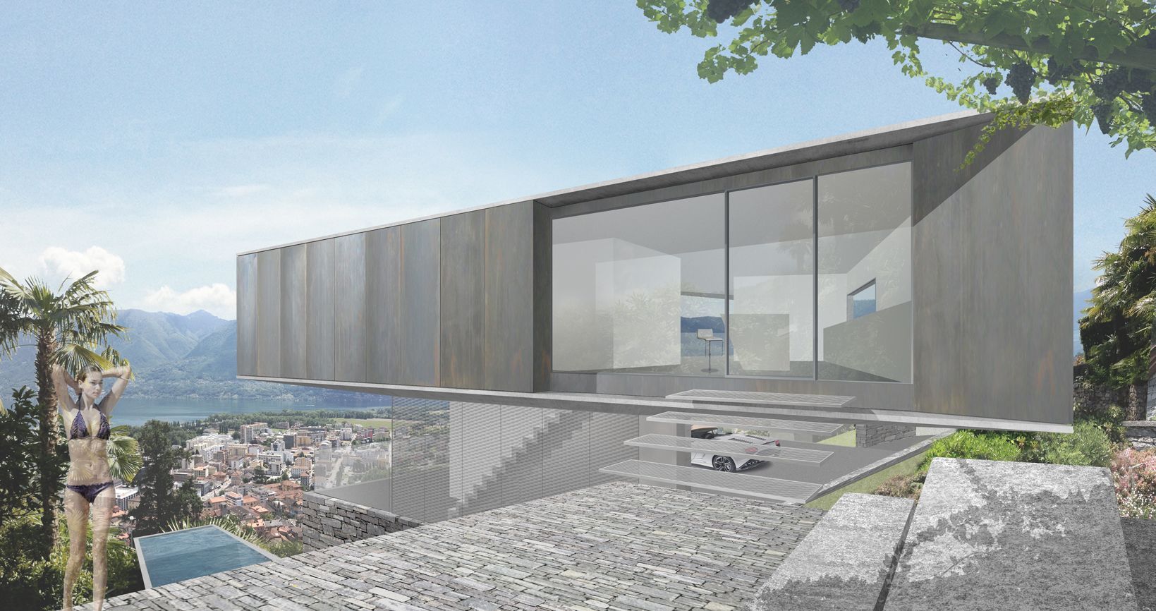 Casa moderna con vetrate a tutta altezza, facciata in cemento, vista sulla città e sull'acqua.