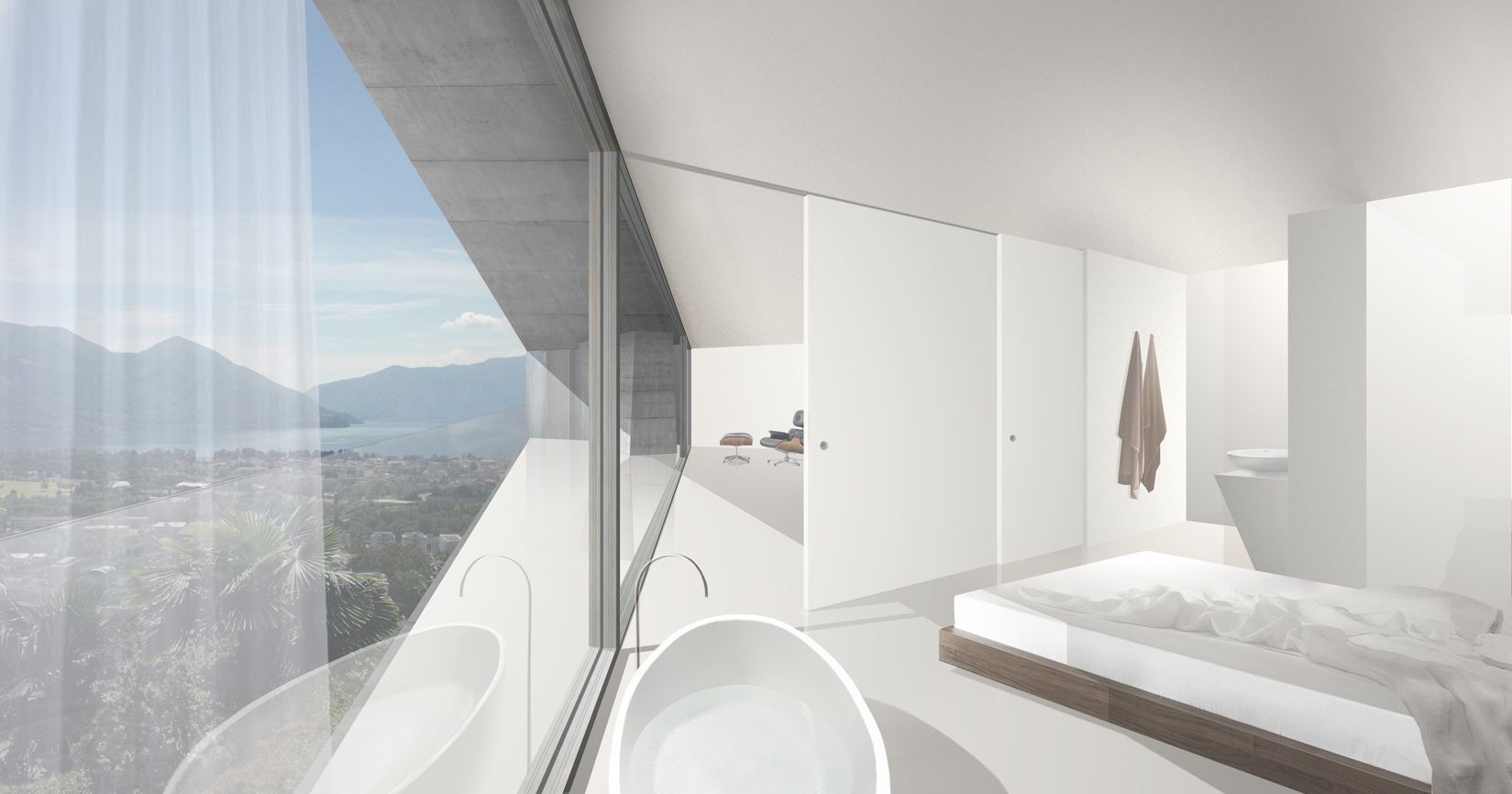 Camera da letto moderna, bianca e luminosa, con ampia finestra che si affaccia sul paesaggio; vasca da bagno in primo piano.