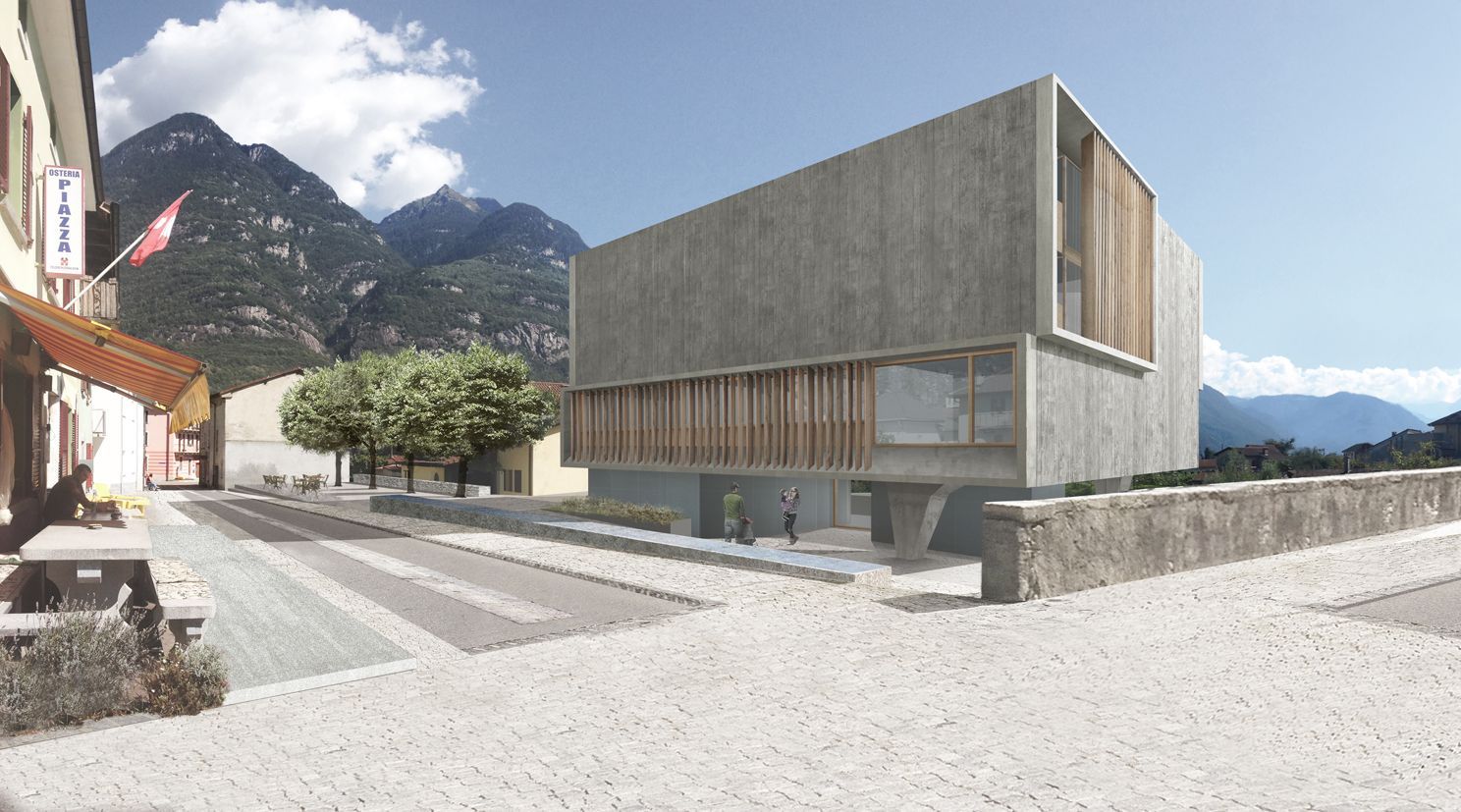 Moderno edificio in cemento con doghe in legno, montagne sullo sfondo. Vista sulla strada, giornata di sole.