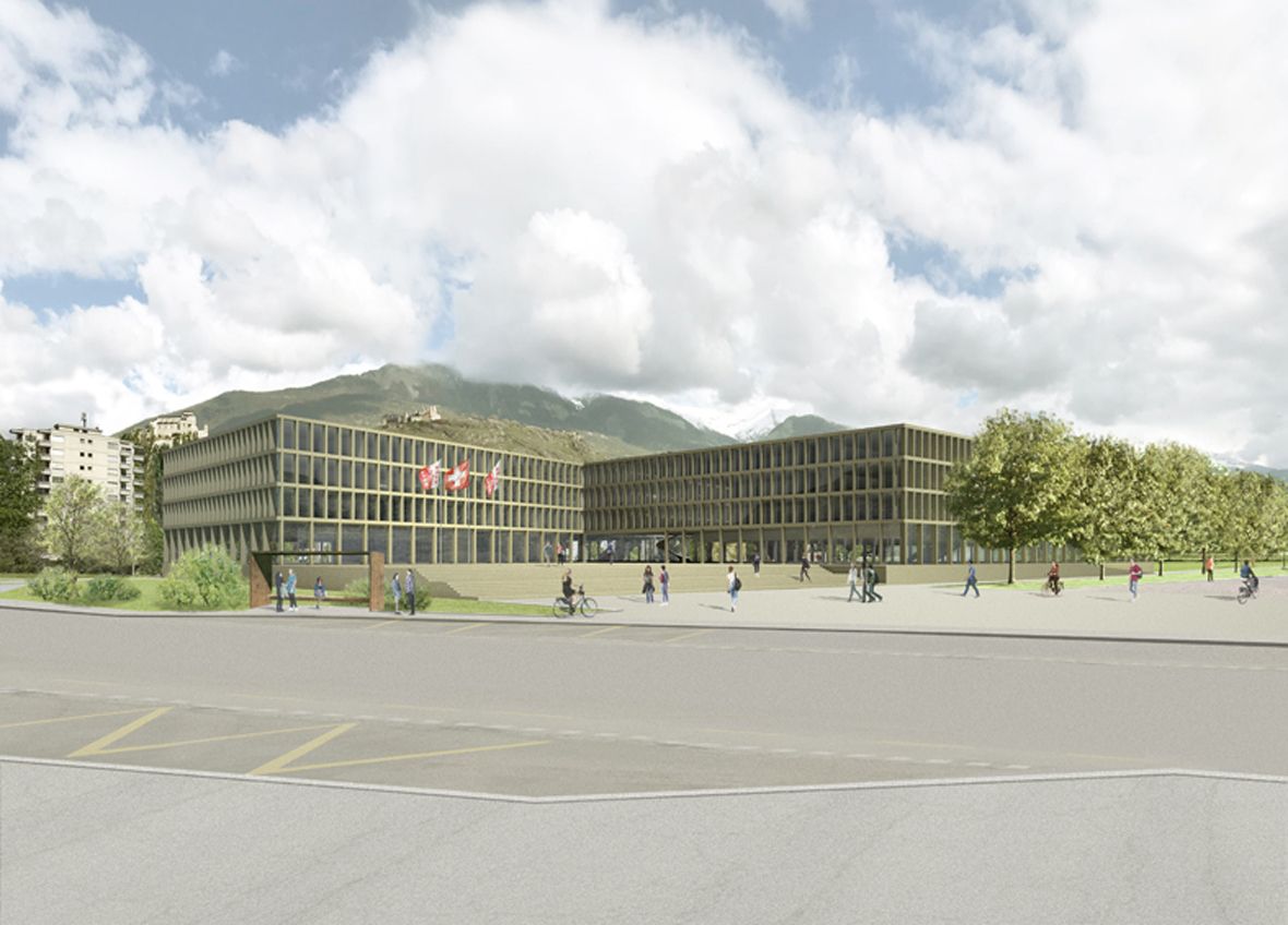 Rendering architettonico di due edifici marroni con tetto verde, persone nella piazza e montagne sullo sfondo.