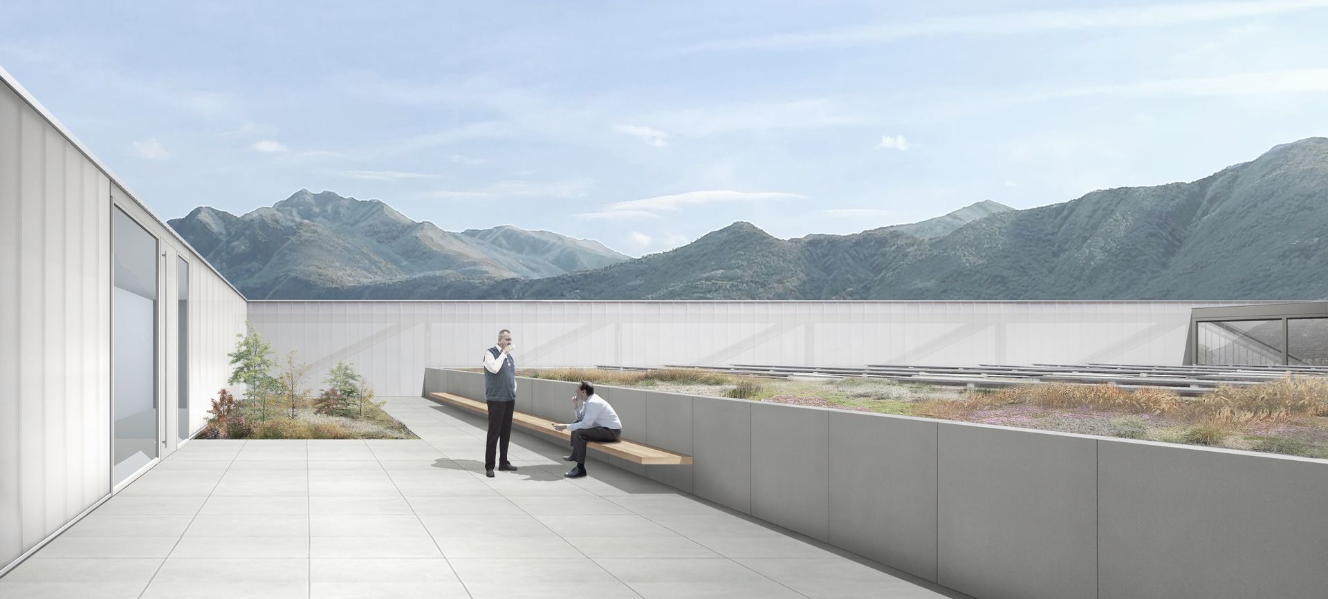 Rendering architettonico di uno spazio moderno sul tetto con montagne sullo sfondo, due persone e posti a sedere.