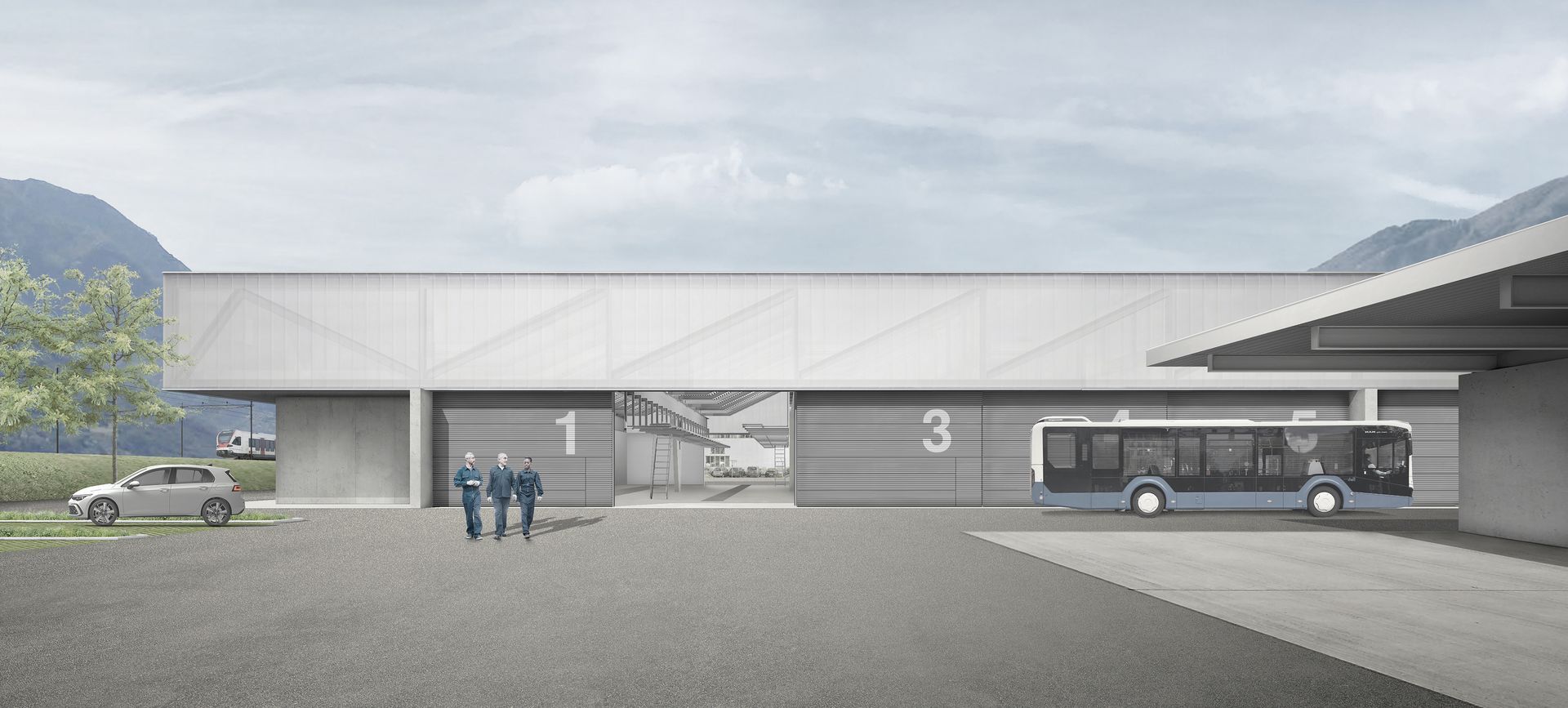 Vista esterna di un deposito di autobus con un autobus, auto e persone. Edificio grigio, cielo nuvoloso, montagne.