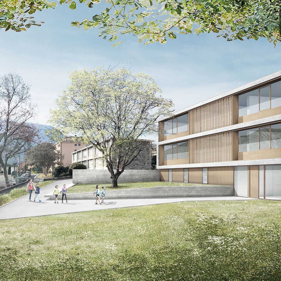Edificio scolastico con grandi finestre e un prato verde, bambini che camminano.