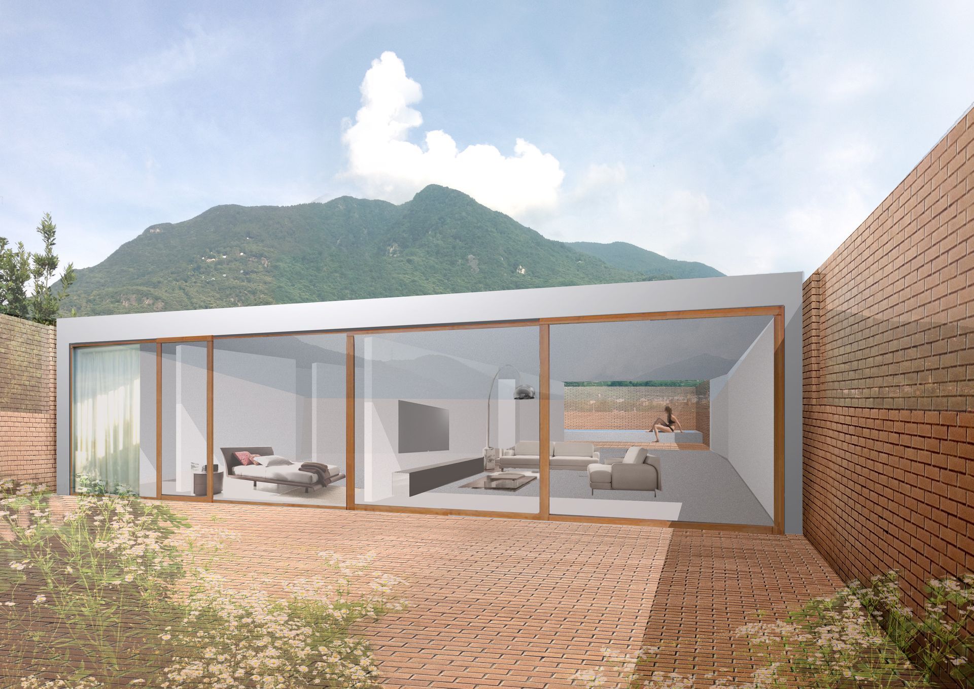 Attico moderno con pareti in vetro che si affacciano su una terrazza, circondata da mattoni. Sullo sfondo montagne.