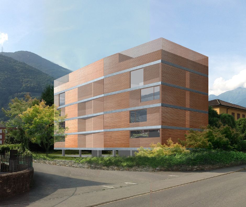 Moderno edificio in legno con pianta rettangolare, ampie finestre, montagne sullo sfondo e vegetazione.