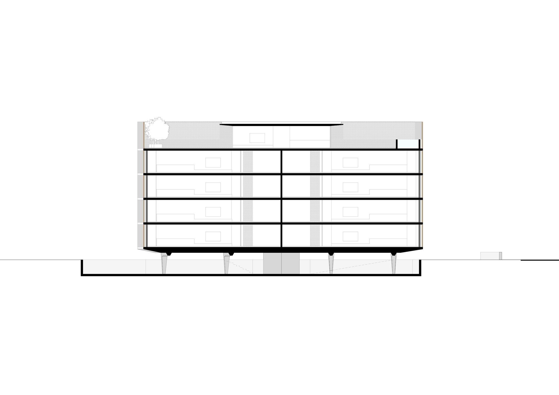 Sezione di un edificio a più piani e supporti strutturali verticali.