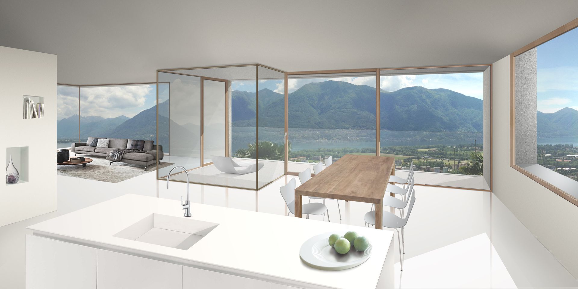 Interni moderni con pareti bianche, ampie finestre con vista sulle montagne e sul lago. Isola della cucina con frutta.