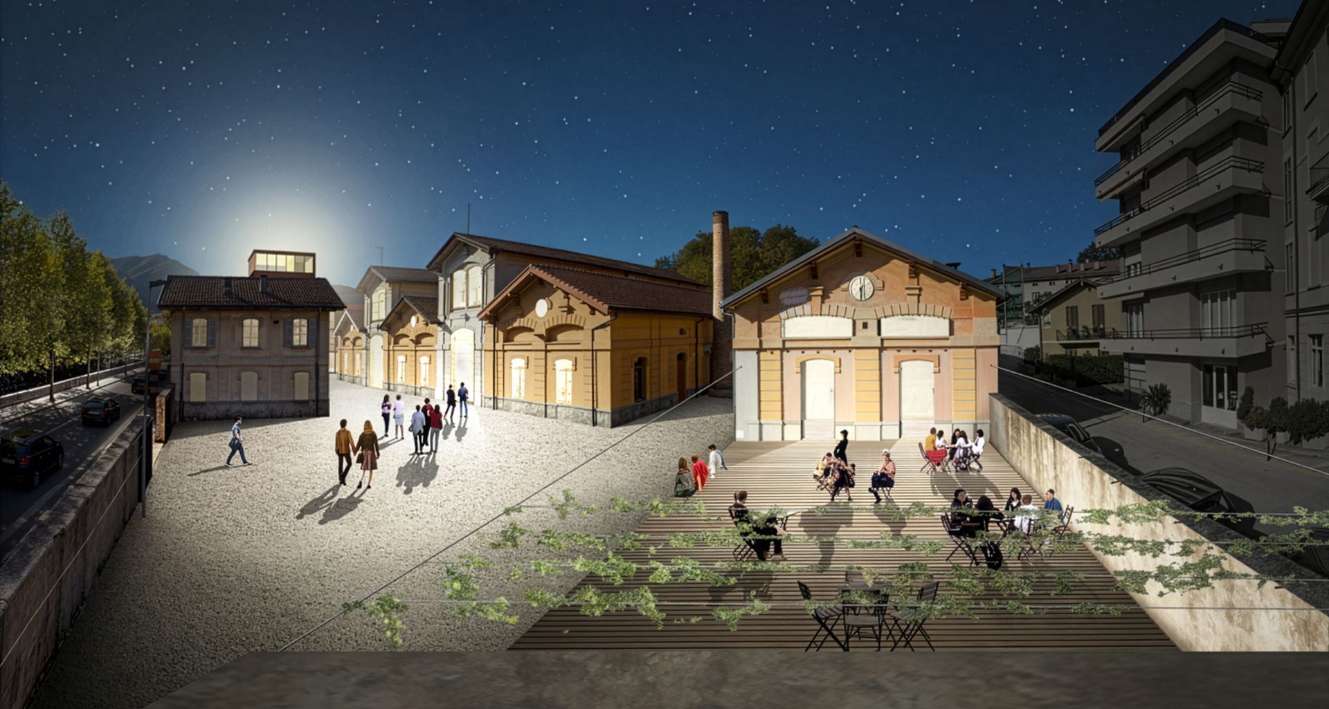 Scena notturna di persone in una piazza, edifici illuminati. Stelle nel cielo. Alcune persone sono sedute sui gradini.