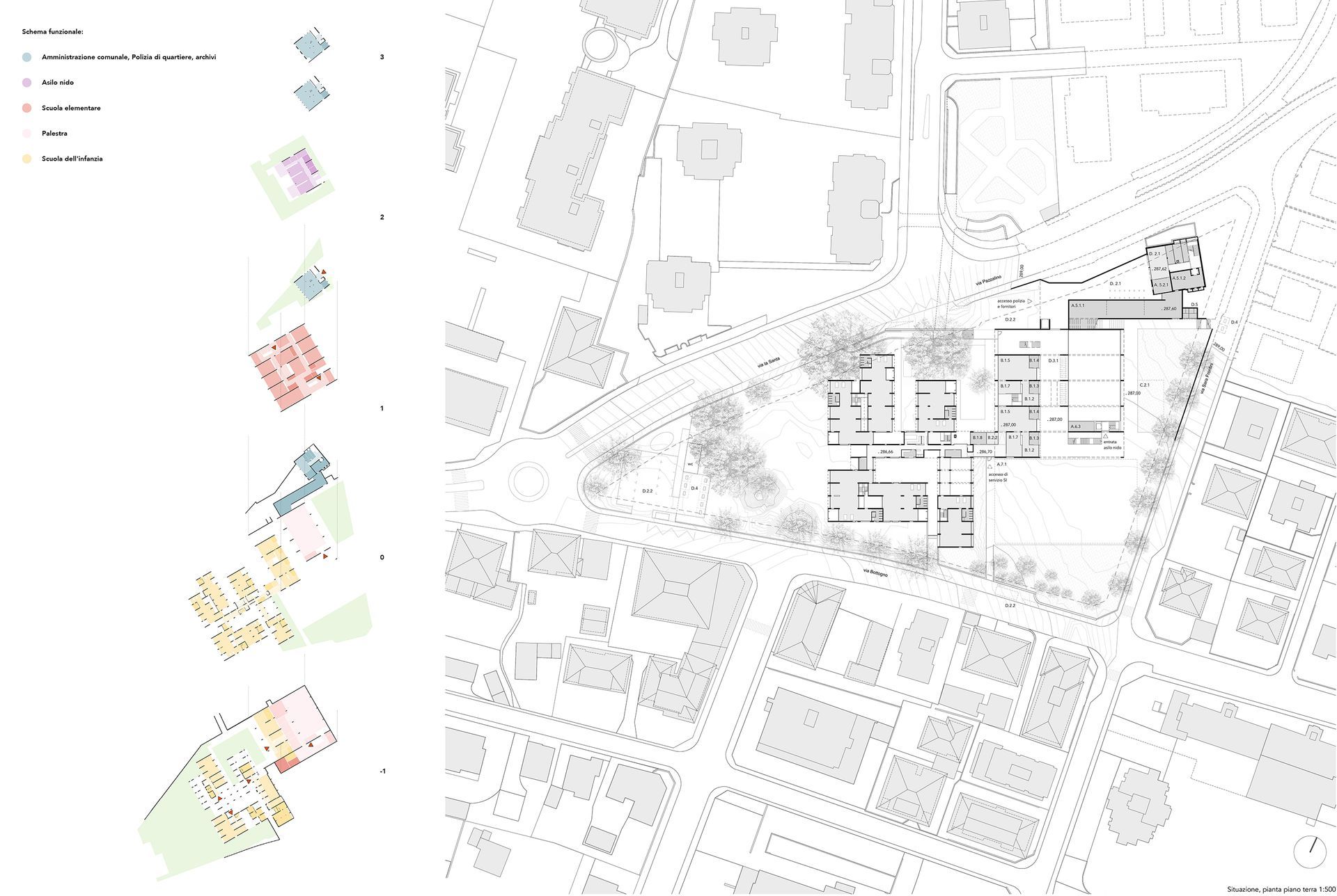 Planimetria architettonica con sezioni di edifici, circondate da un paesaggio urbano di colore chiaro.