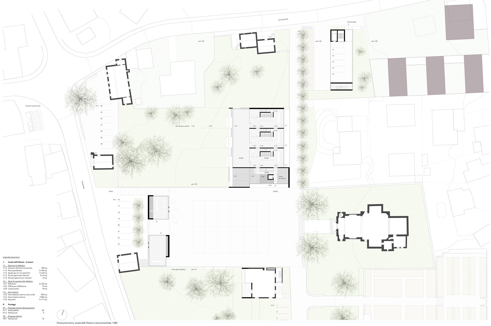 Planimetria architettonica con edifici, alberi e spazi aperti in un contesto dai colori chiari.