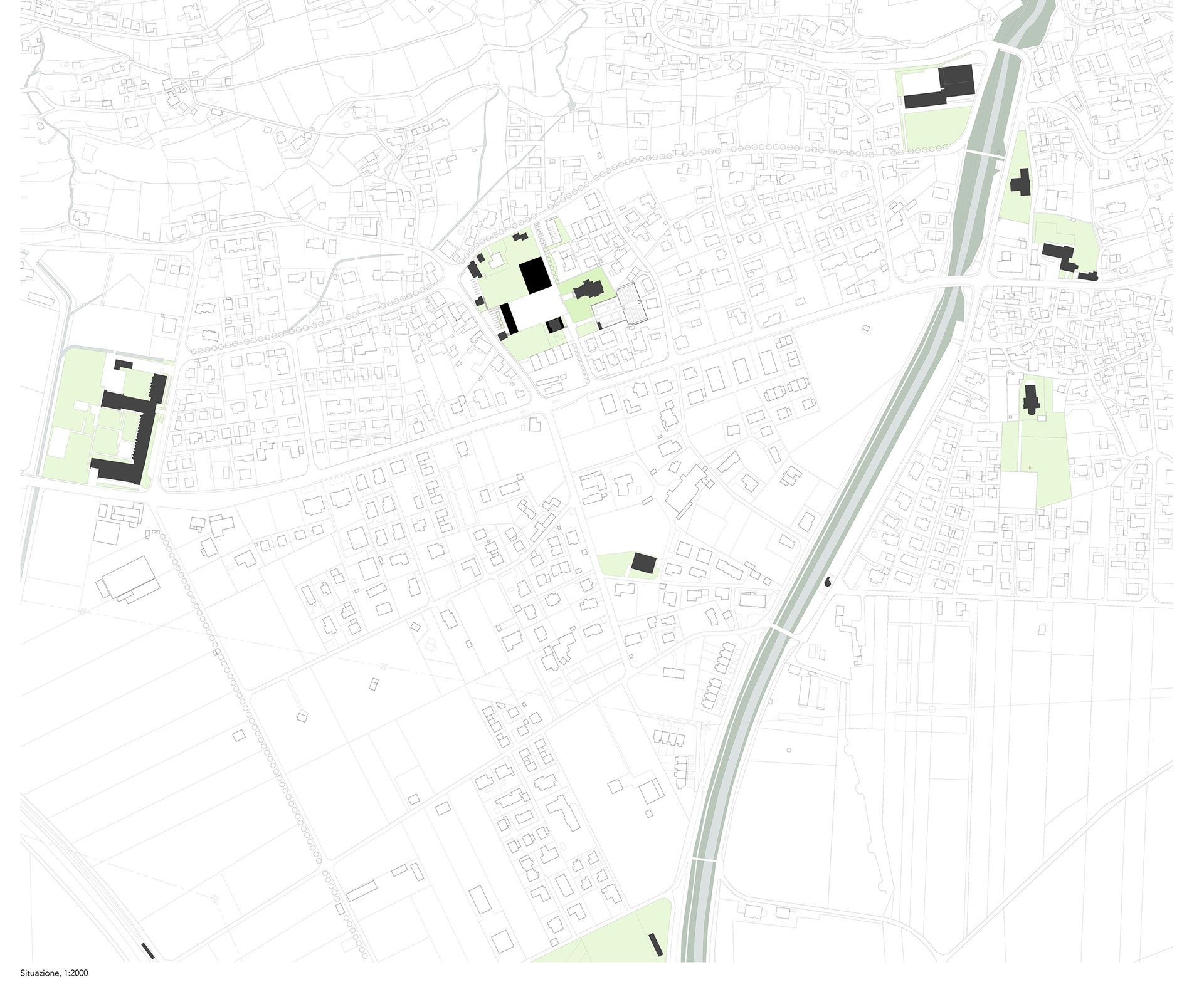 Vista dall'alto di un progetto architettonico dettagliato con edifici neri, aree verdi e una strada grigia.