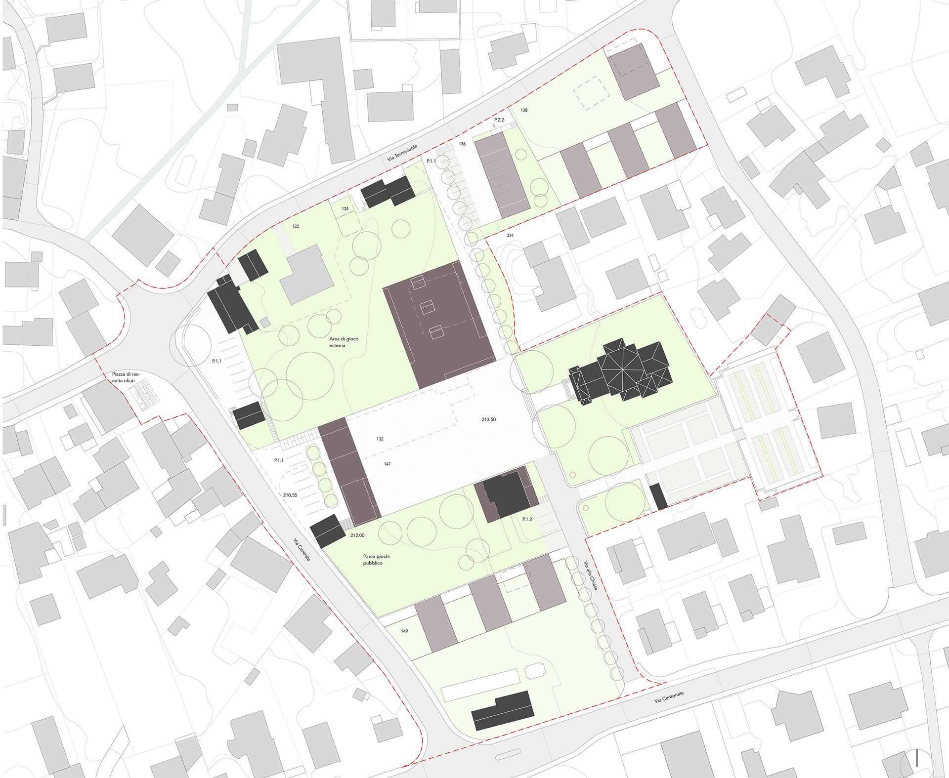 Mappa aerea di una piazza cittadina con edifici, strade e spazi verdi, varie tonalità di grigio e verde.