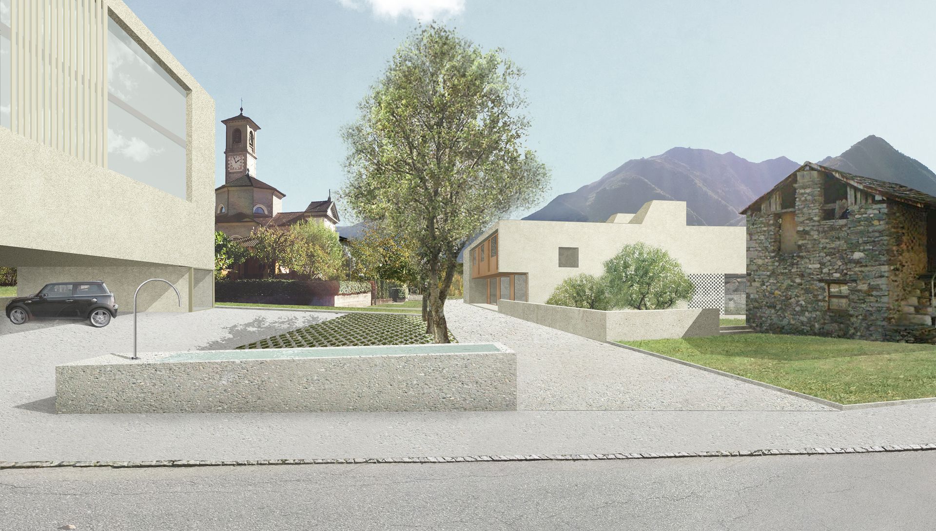 Vista della strada con edifici moderni e tradizionali, un albero e montagne sullo sfondo.