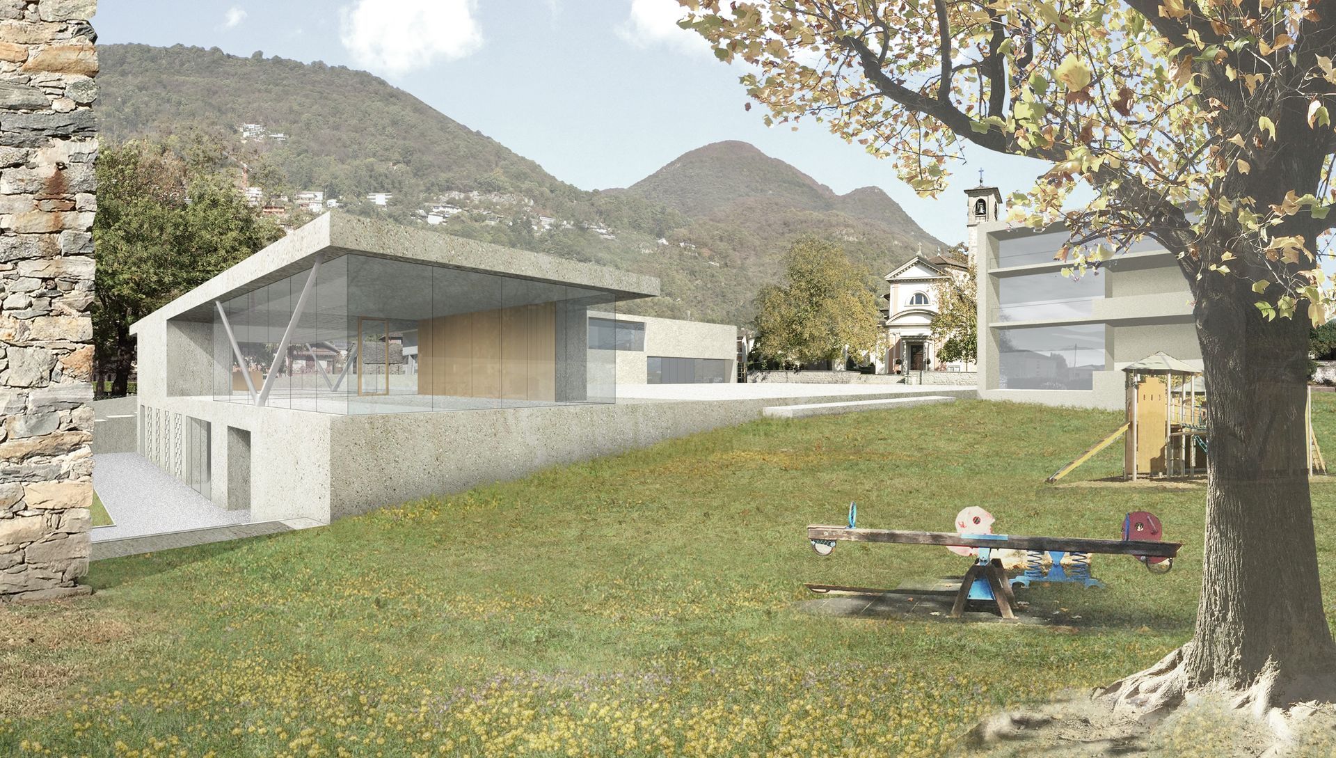 Rendering di un edificio in un parco con montagne sullo sfondo, un'altalena e un grande albero.