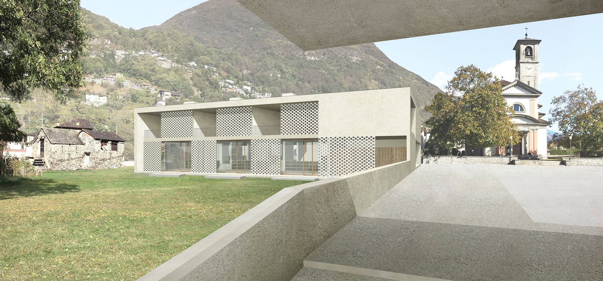 Edificio dal design moderno con facciata geometrica con vuoti e pieni; chiesa e montagne sullo sfondo.