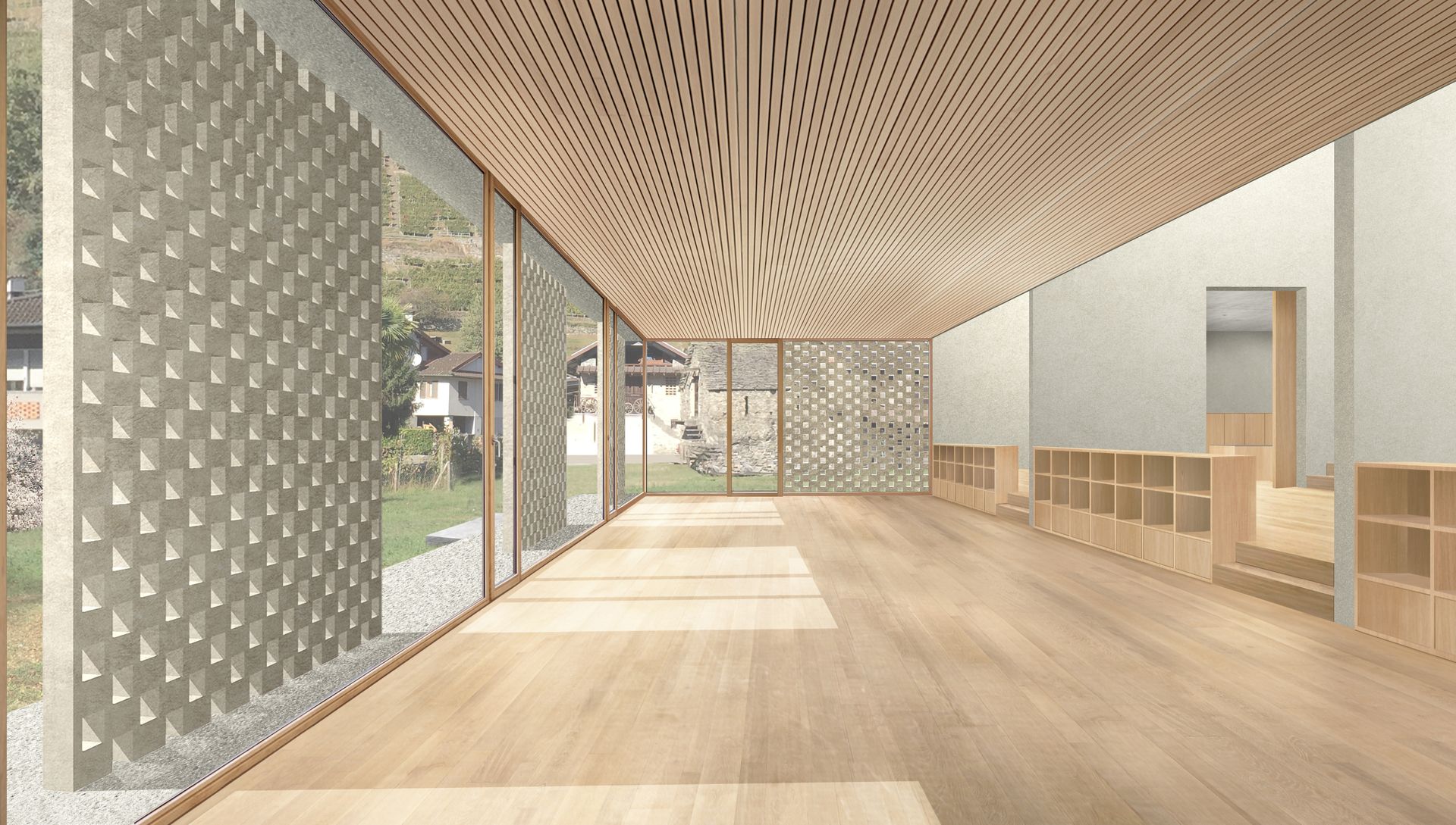 Vista interna di una stanza luminosa con pavimenti in legno, soffitto decorato e parete decorativa.