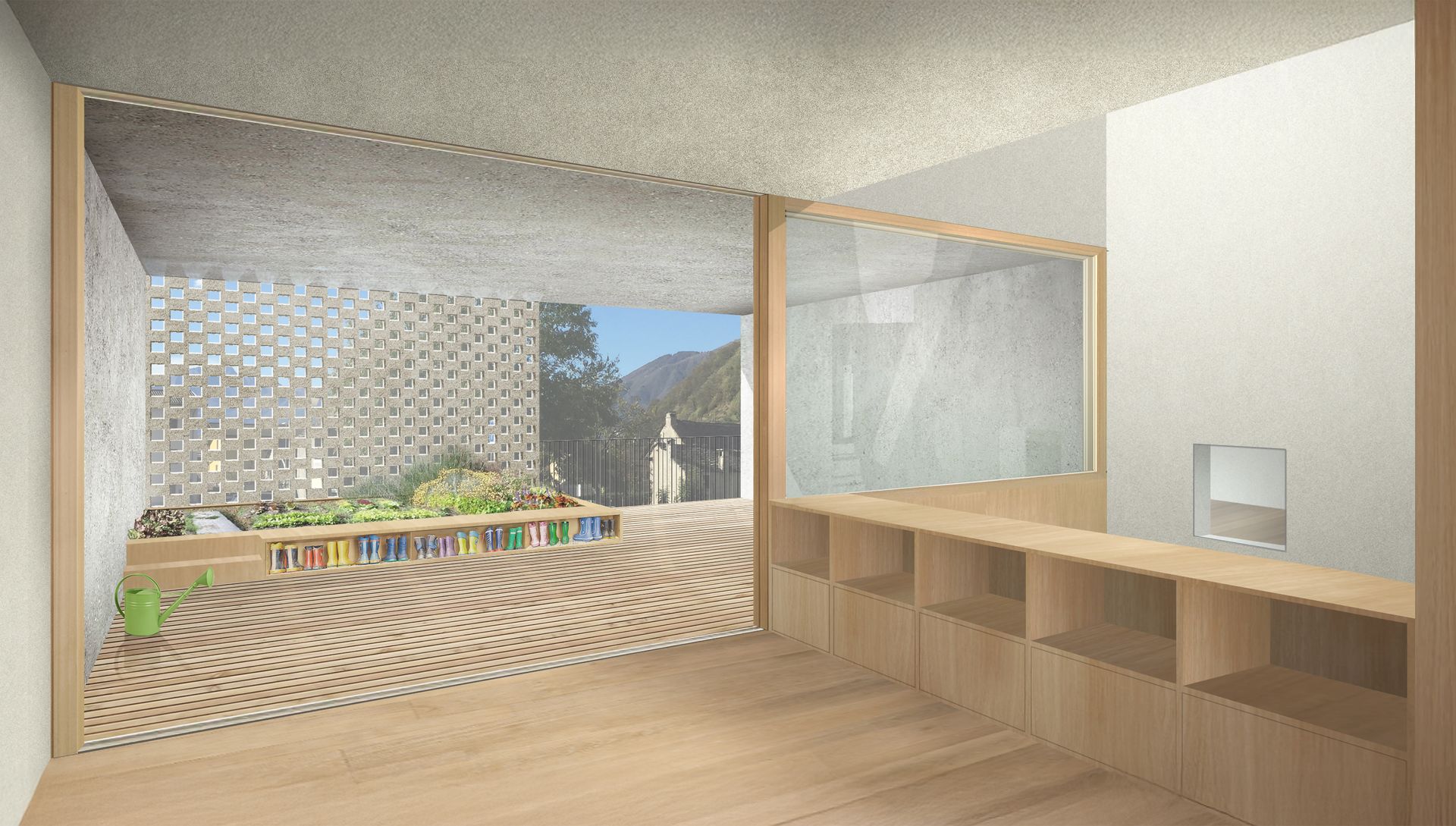 Vista interna di una stanza luminosa con scaffali in legno e una parete decorata che si affaccia su un giardino.