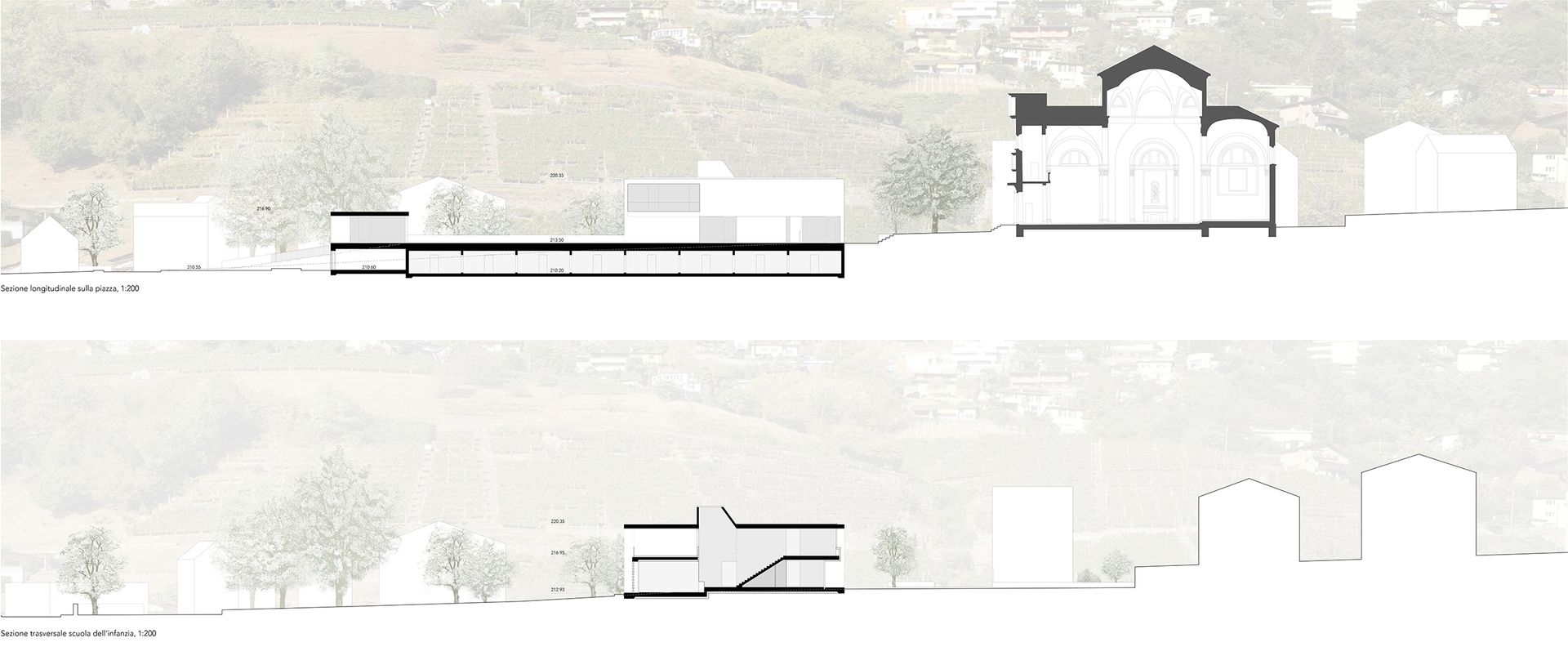 Sezioni architettoniche di un edificio e del paesaggio circostante, con alberi e uno sfondo montuoso.