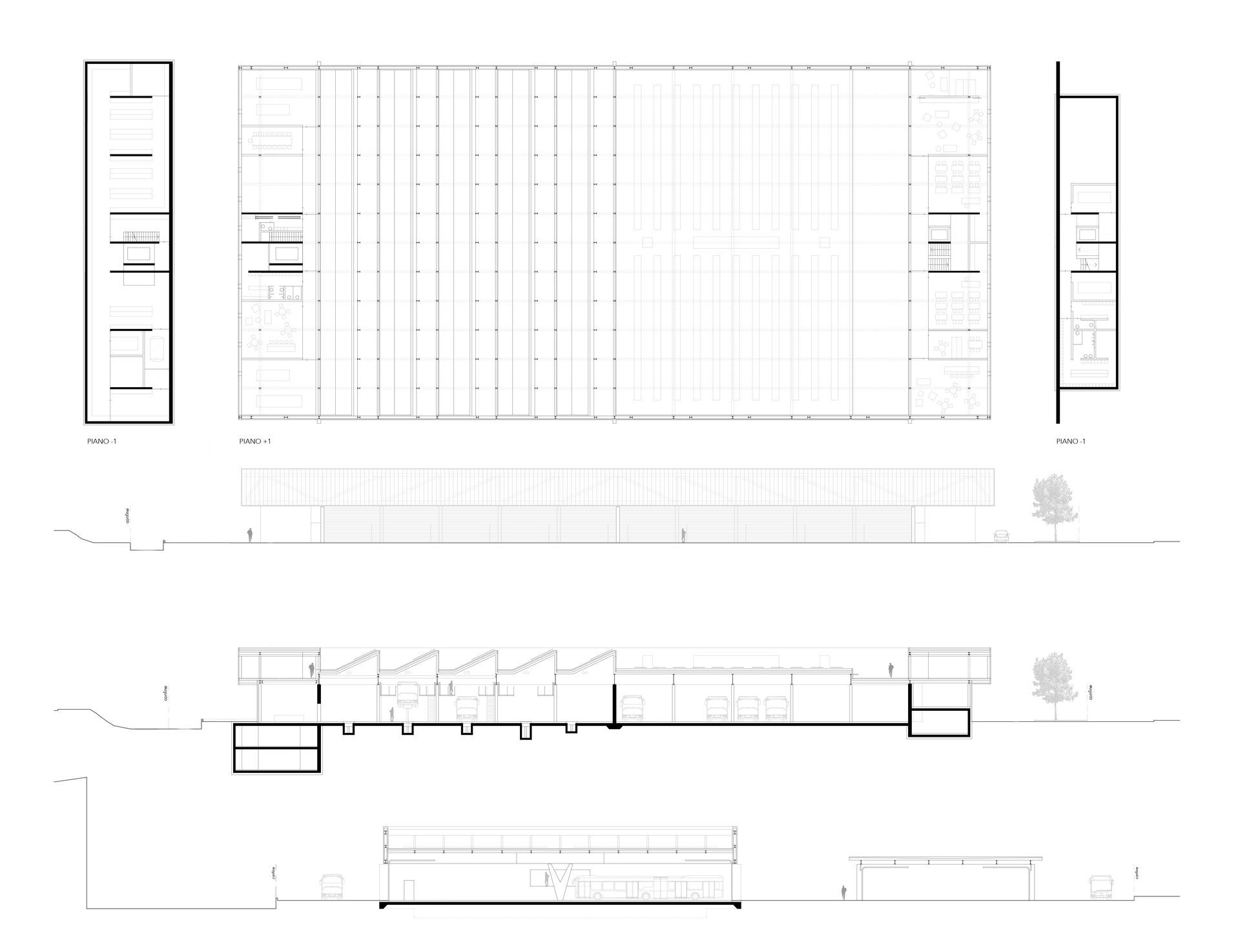 Disegni architettonici di planimetrie, prospetti e sezioni in bianco e nero.