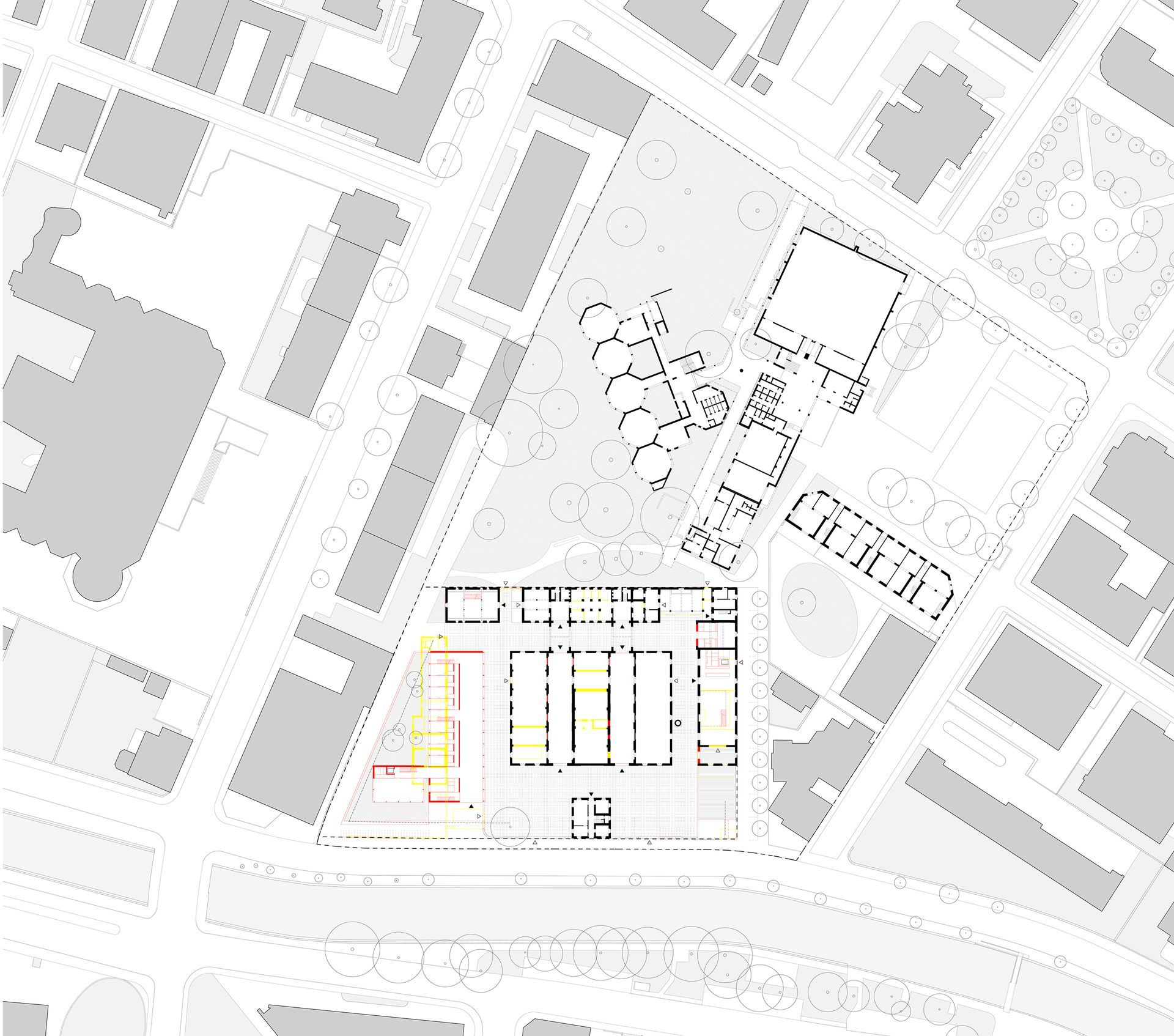 Planimetria con schema dettagliato dell'edificio e delle strade circostanti.