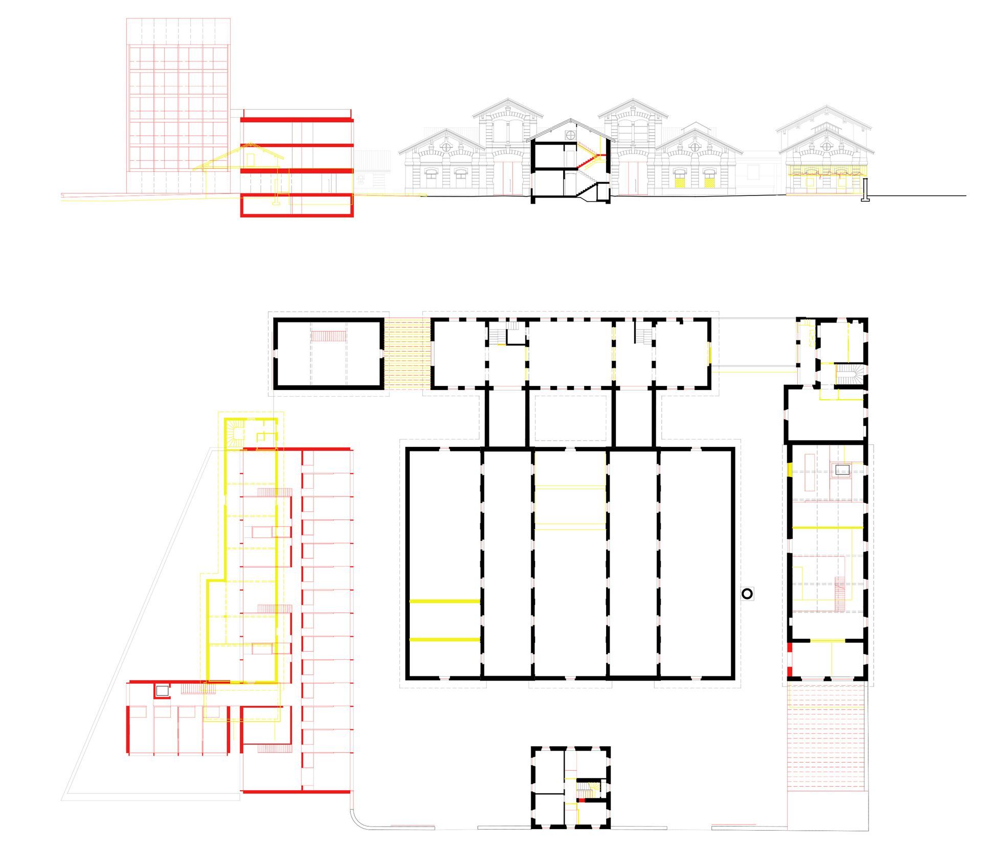 Pianta architettonica con vista dall'alto e prospetto laterale; linee nere, rosse e gialle su sfondo bianco.