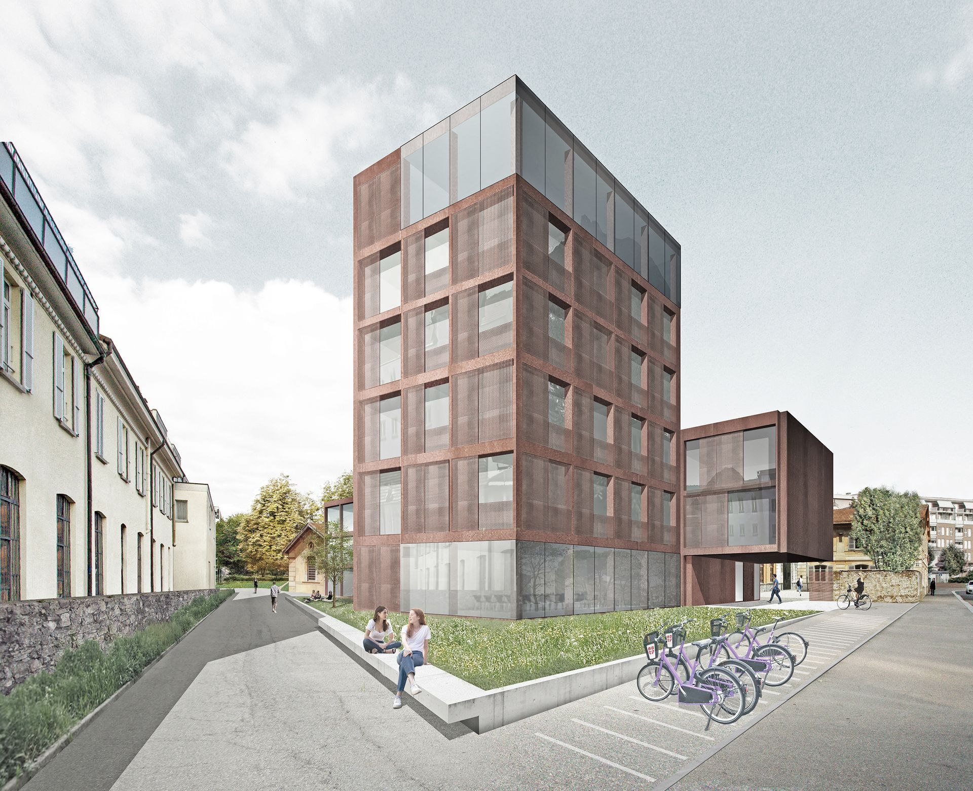 Rendering di un moderno edificio in mattoni, un piccolo edificio laterale e persone vicino a un portabiciclette.
