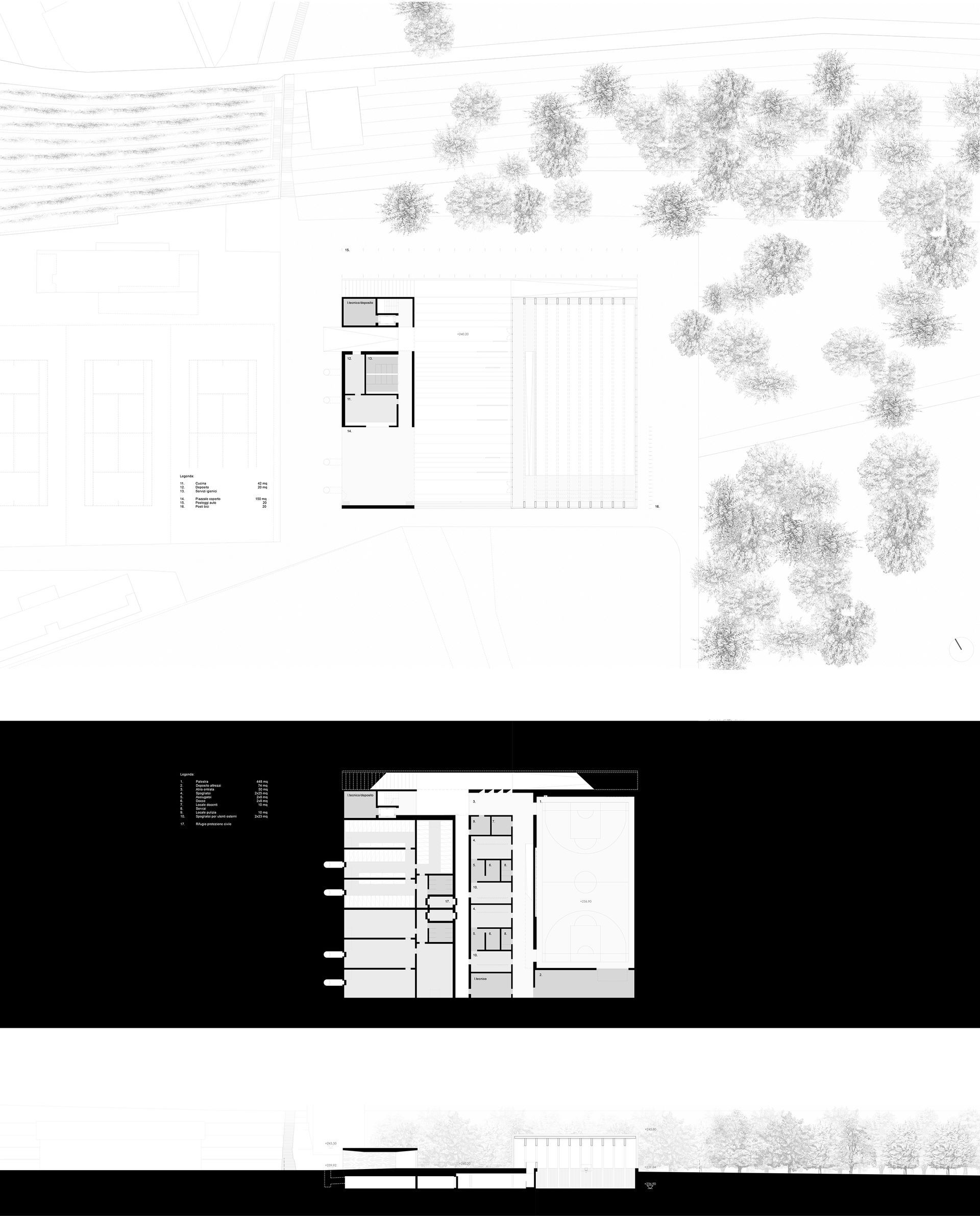 Pianta architettonica che mostra un edificio con alberi, vista dall'alto e due sezioni, in bianco e nero.