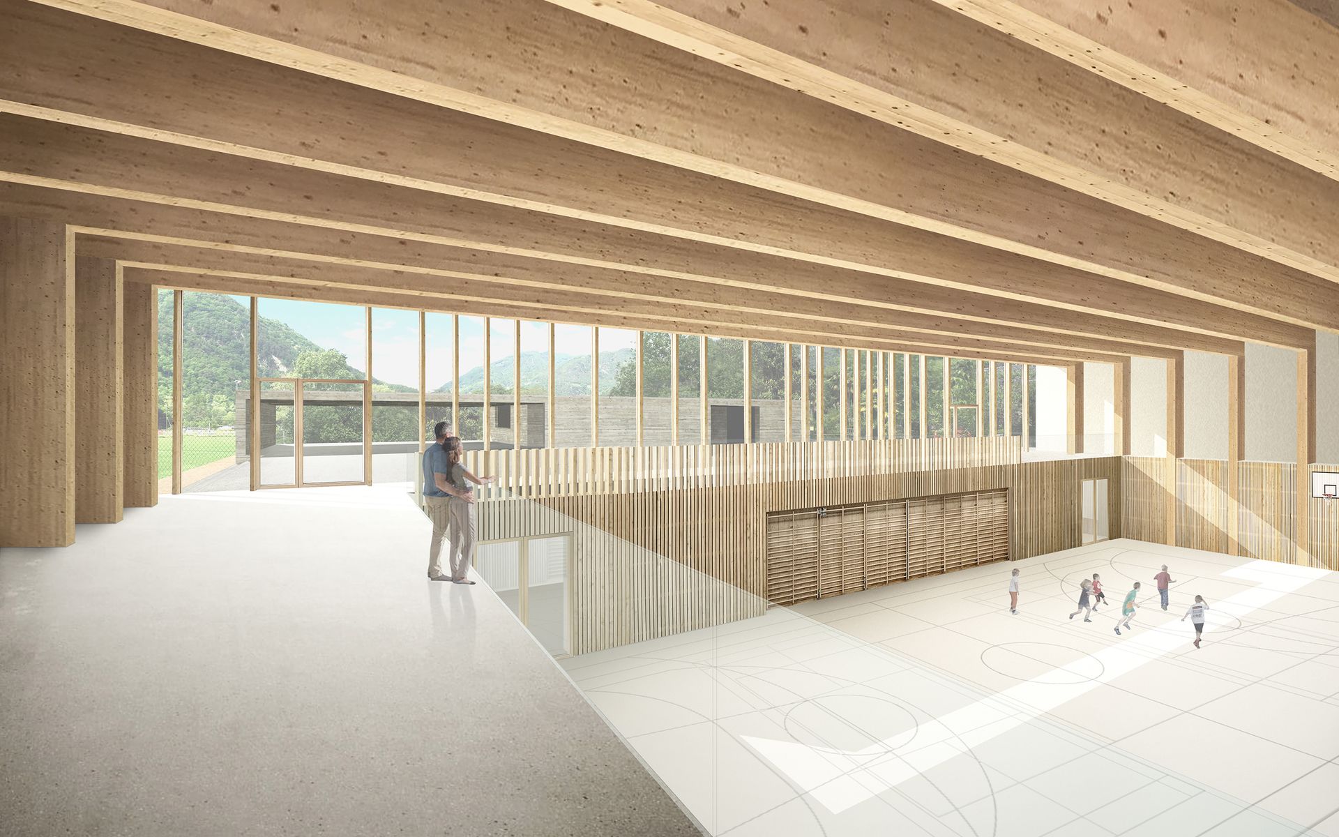 Interno di un edificio in legno con ampie finestre e un campo sportivo. Due persone sono in piedi su un balcone.