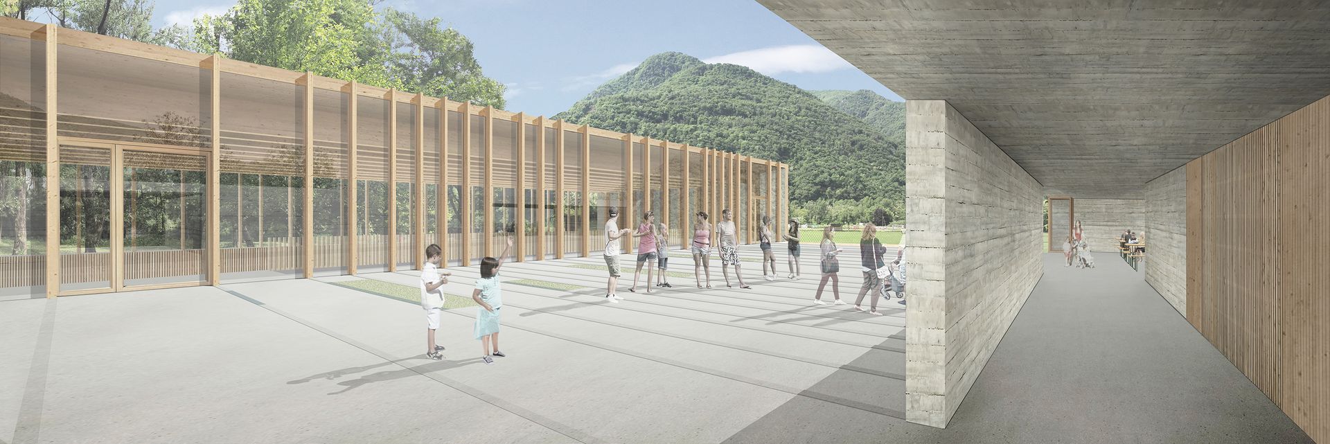 Rendering architettonico di una palestra con persone radunate su una piazza di cemento e una montagna sullo sfondo.